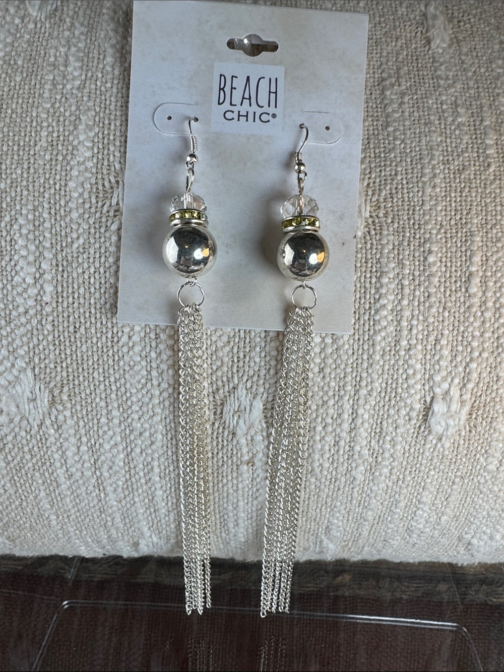 0550- Beach‎ chic Silver Ball and Chain Tassel Earrings with Clear Accents
